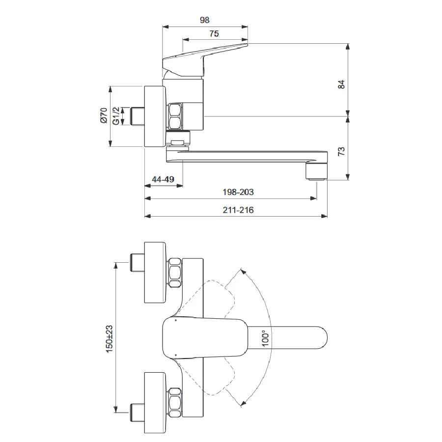 Rysunek techniczny ściennej baterii kuchennej z wymiarami, Ideal Standard