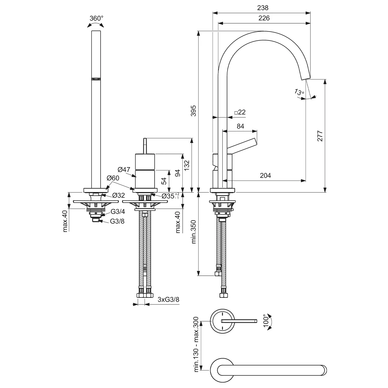 Rysunek techniczny baterii kuchennej z wymiarami, Ideal Standard