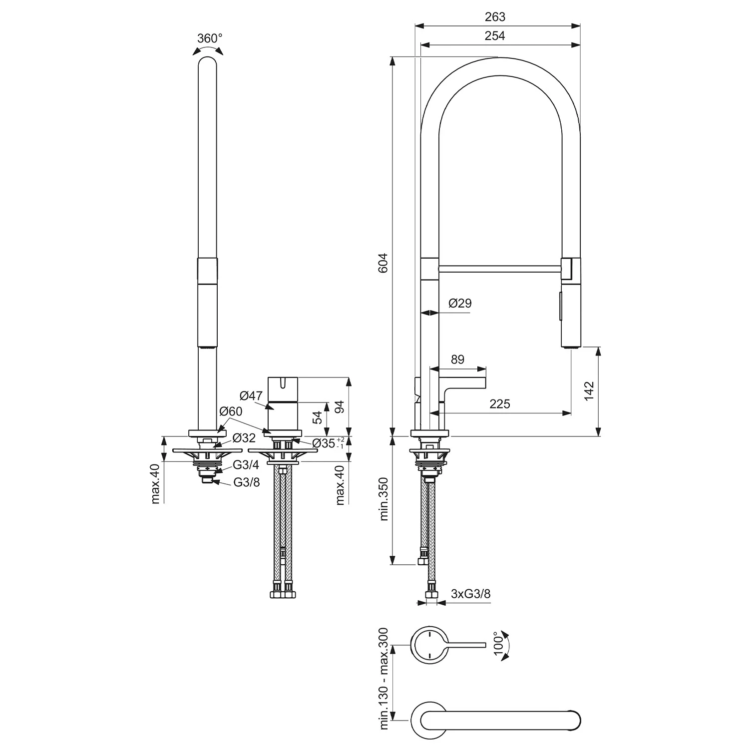 Rysunek techniczny baterii kuchennej z wymiarami, Ideal Standard