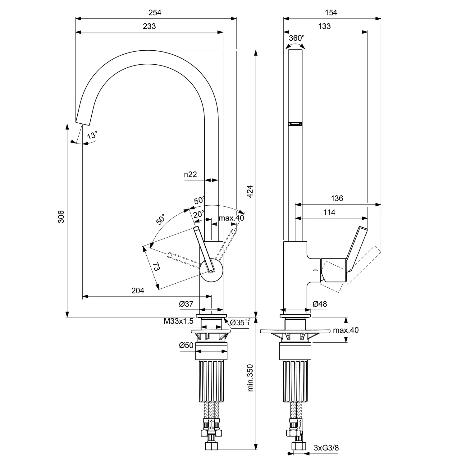 Rysunek techniczny baterii kuchennej z wymiarami, Ideal Standard