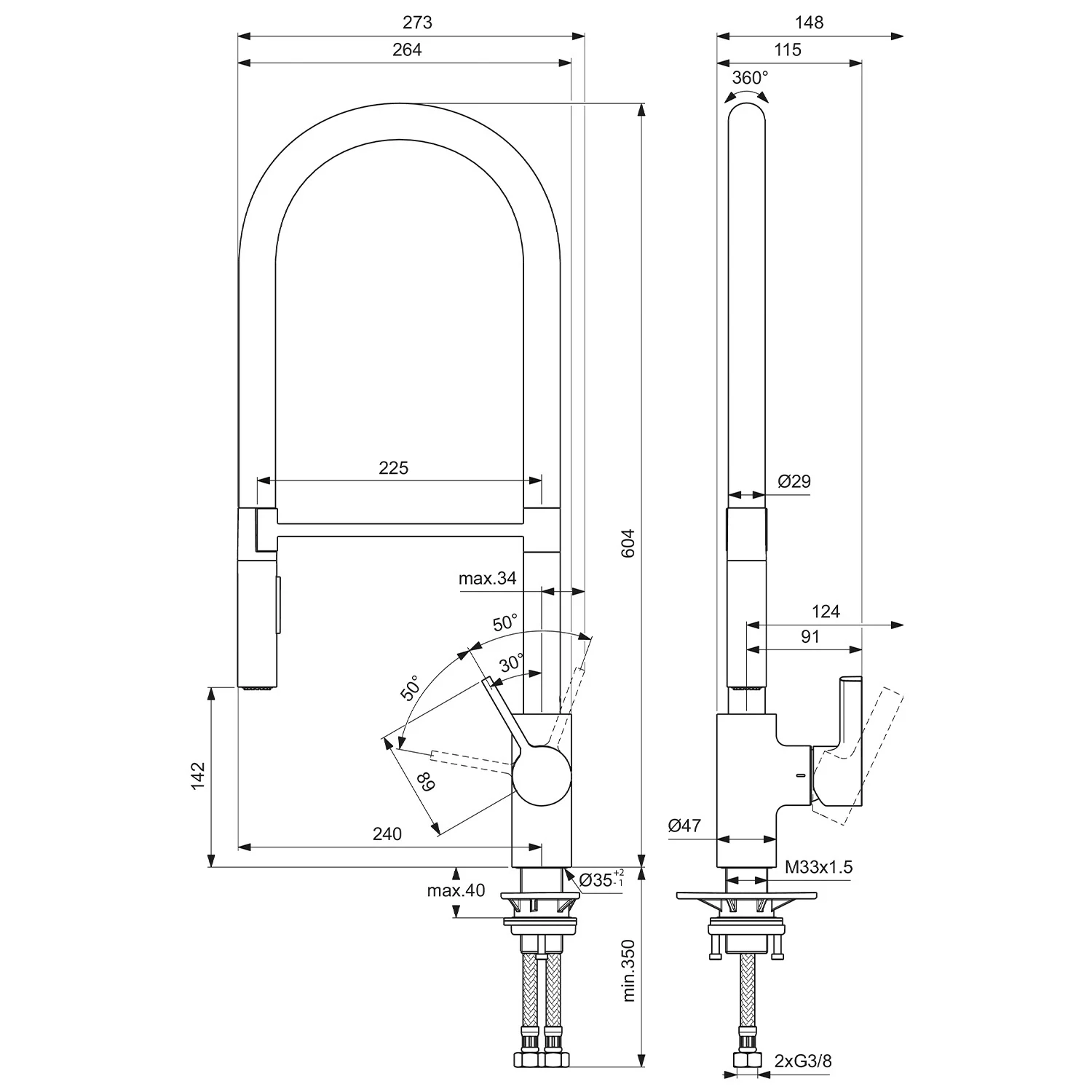 Rysunek techniczny baterii kuchennej z wymiarami, Ideal Standard