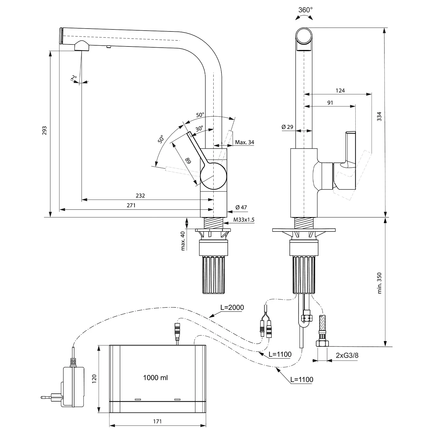 Rysunek techniczny baterii kuchennej z wymiarami, Ideal Standard
