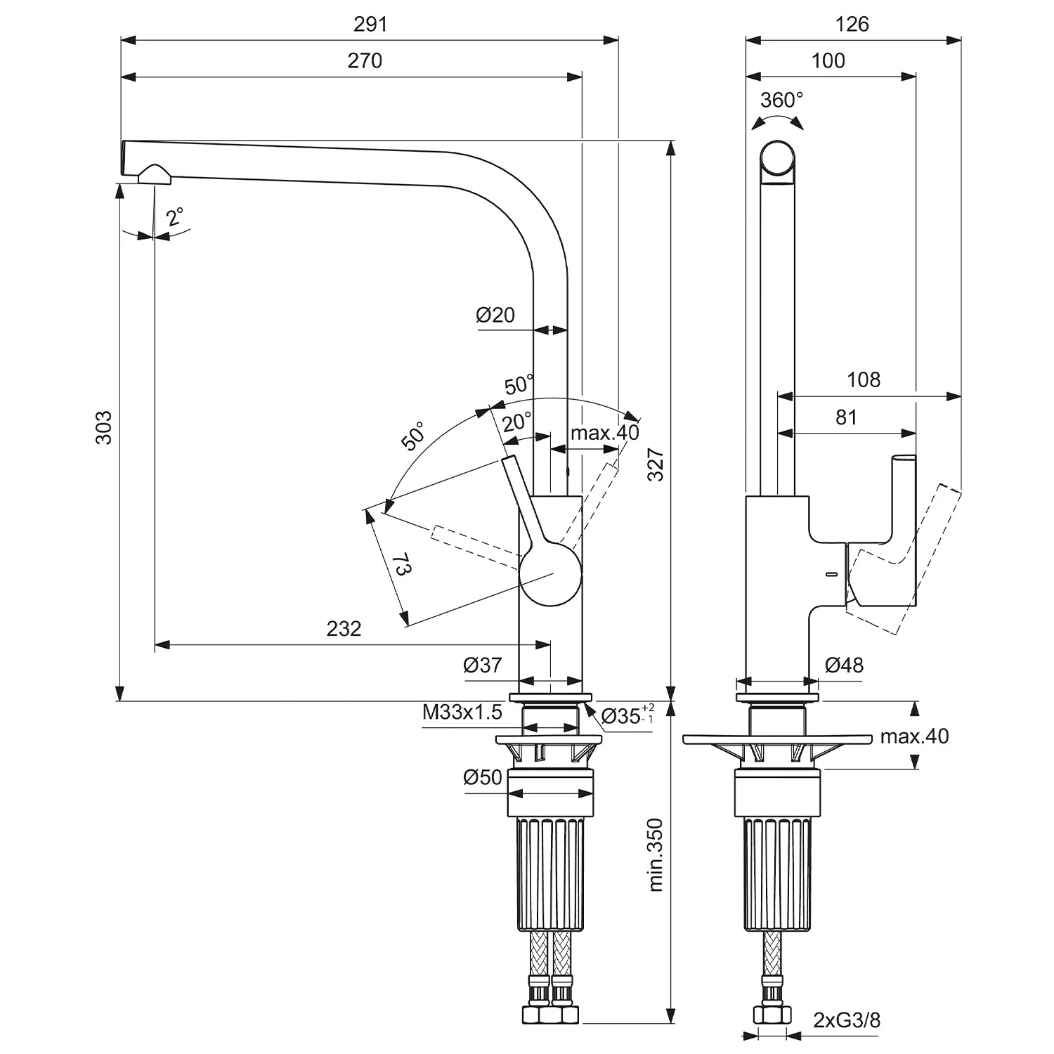 Rysunek techniczny baterii kuchennej z wymiarami, Ideal Standard