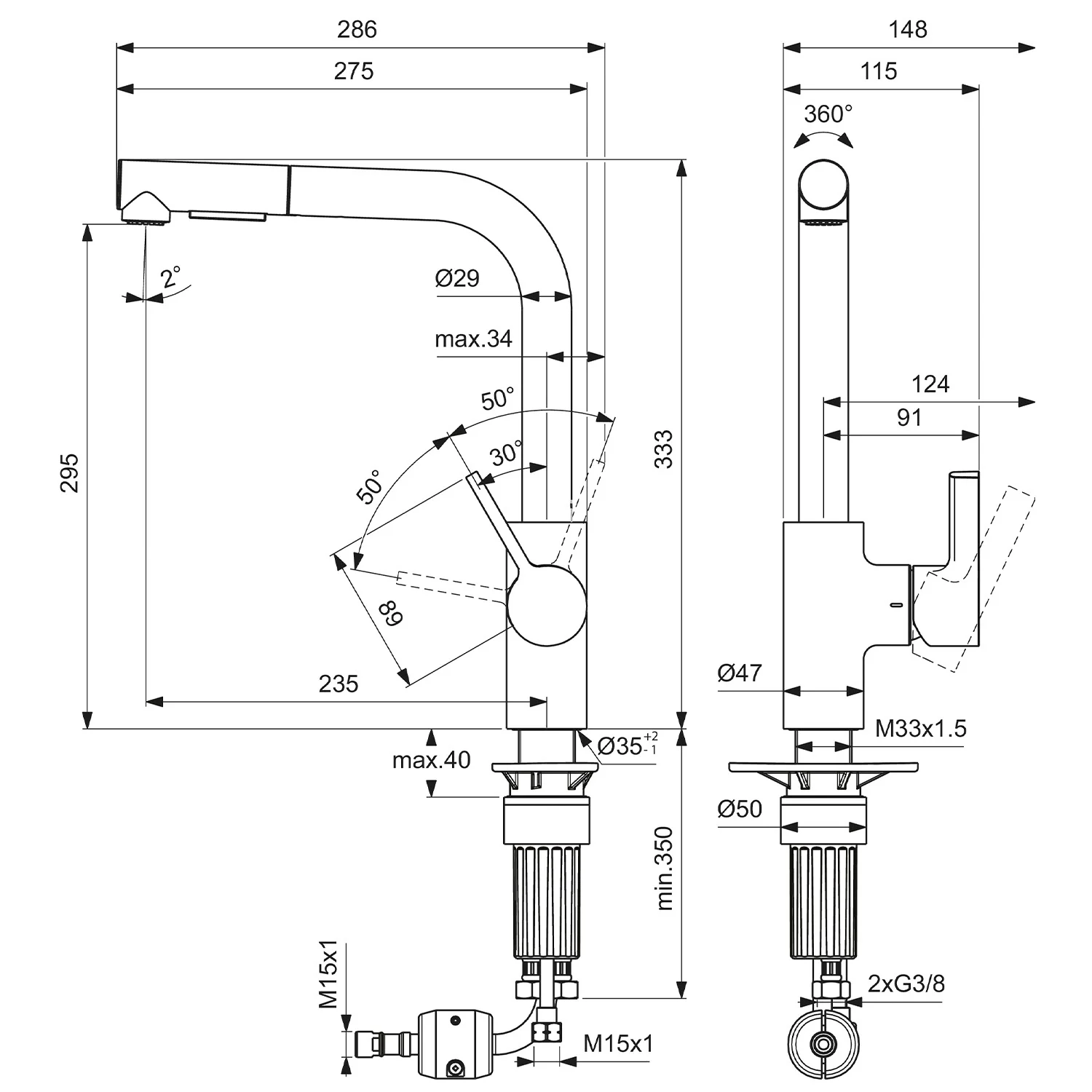 Rysunek techniczny baterii kuchennej z wymiarami, Ideal Standard