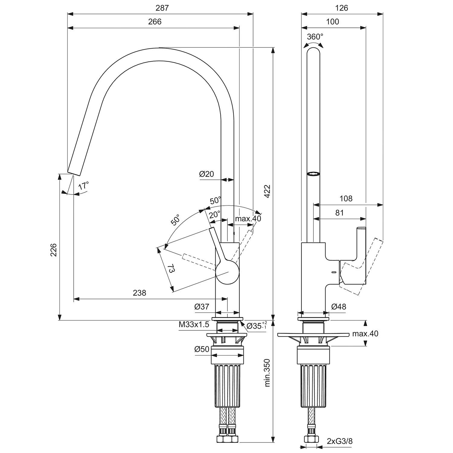 Rysunek techniczny baterii kuchennej z wymiarami, Ideal Standard