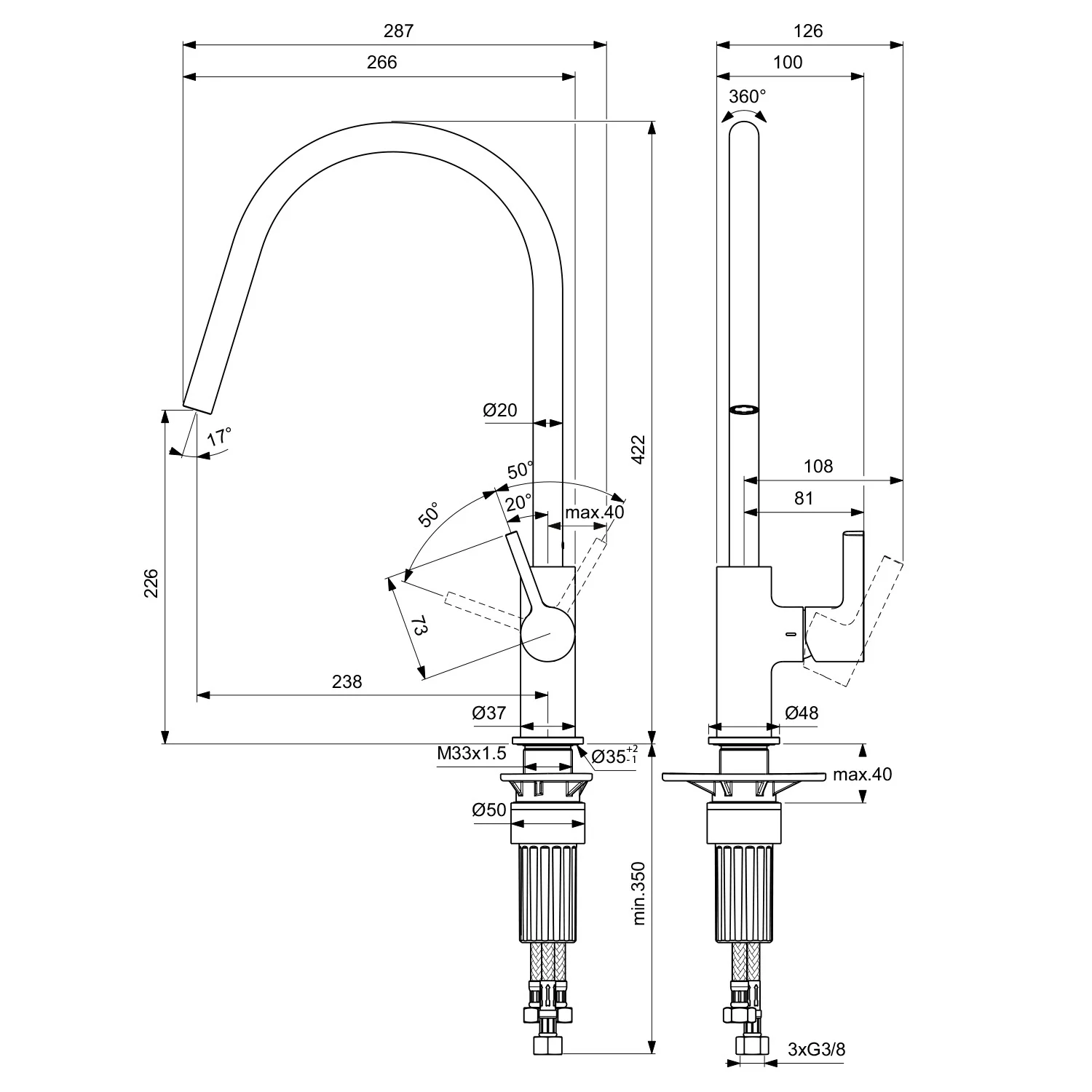 Rysunek techniczny baterii kuchennej z wymiarami, Ideal Standard