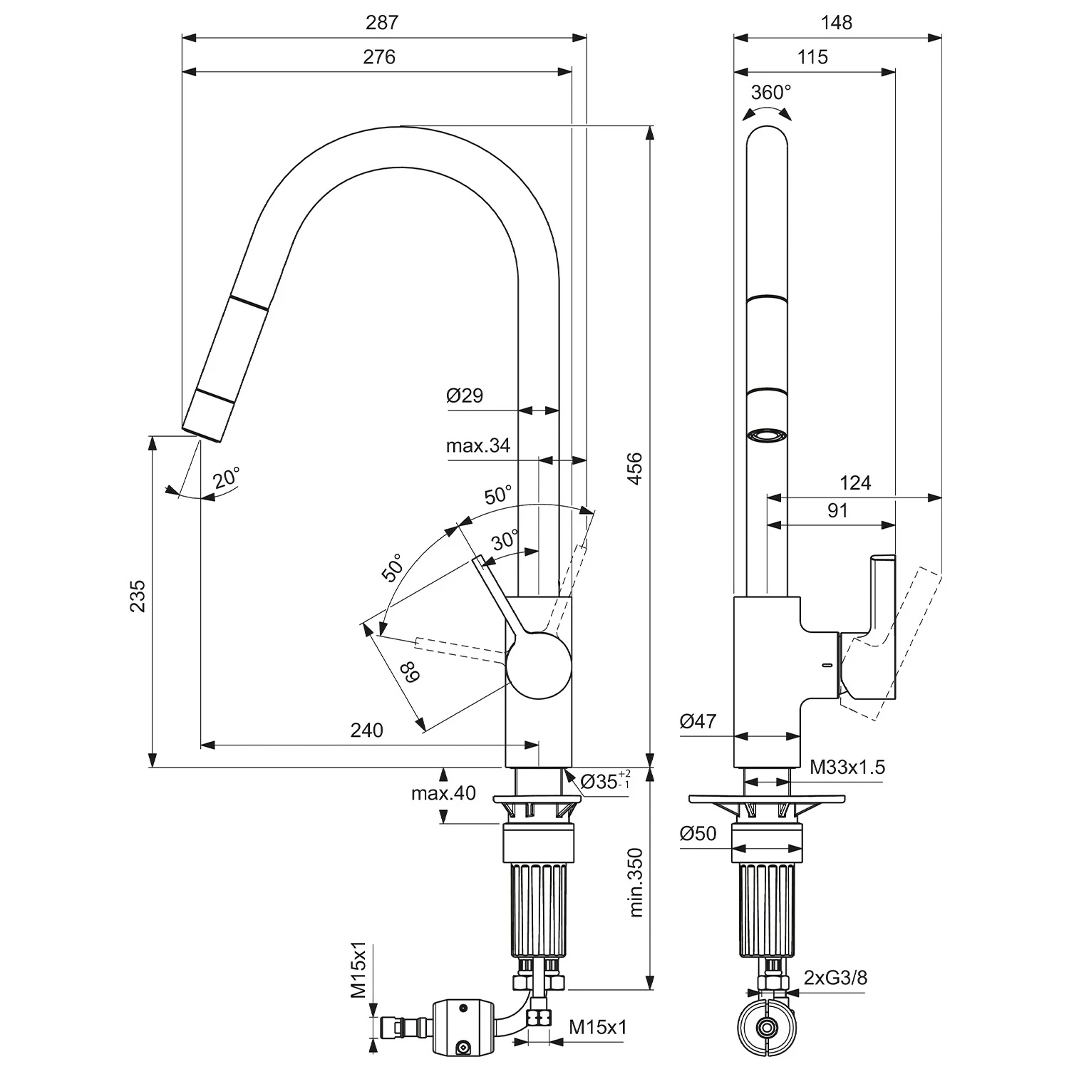 Rysunek techniczny baterii kuchennej z wymiarami, Ideal Standard
