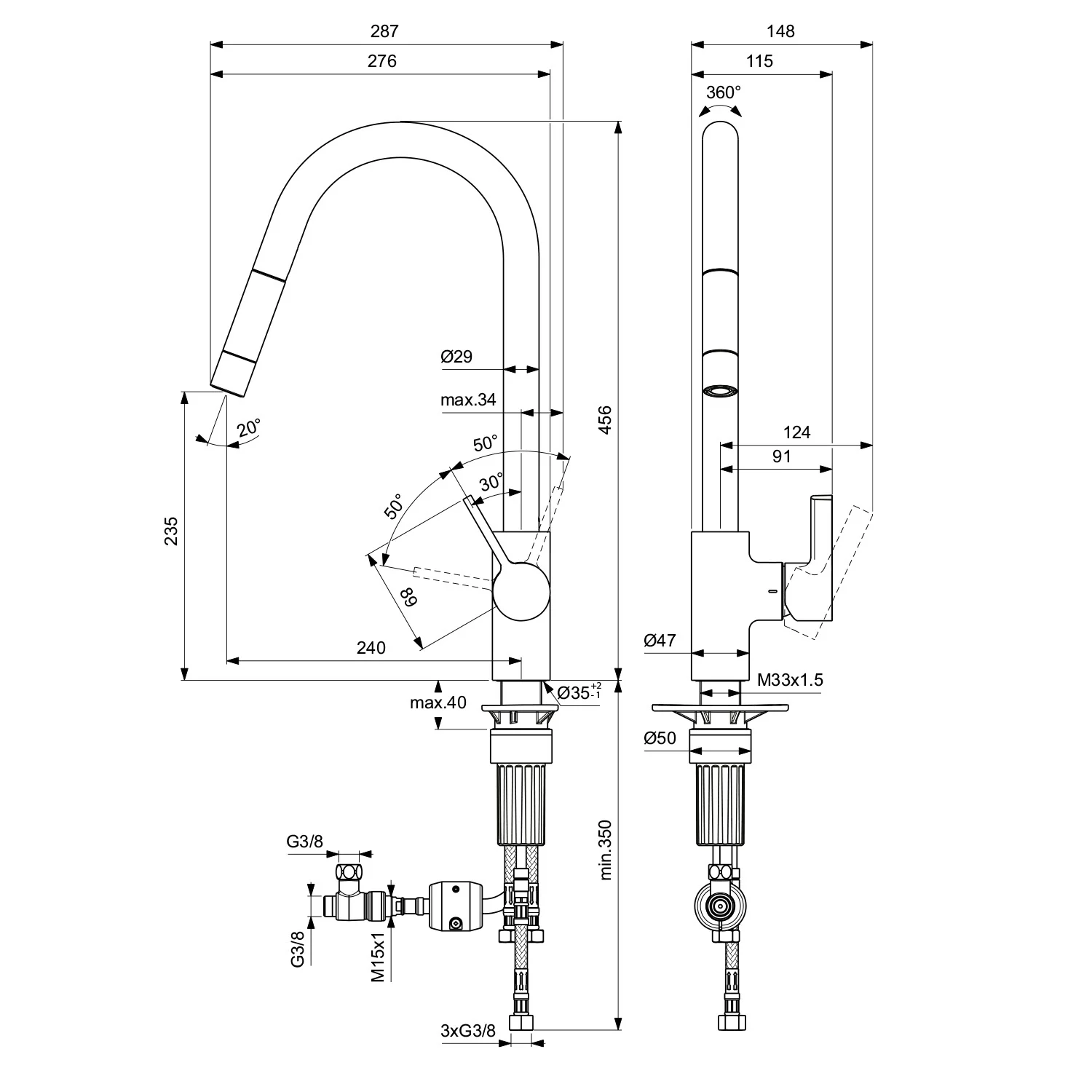 Rysunek techniczny baterii kuchennej z wymiarami, Ideal Standard