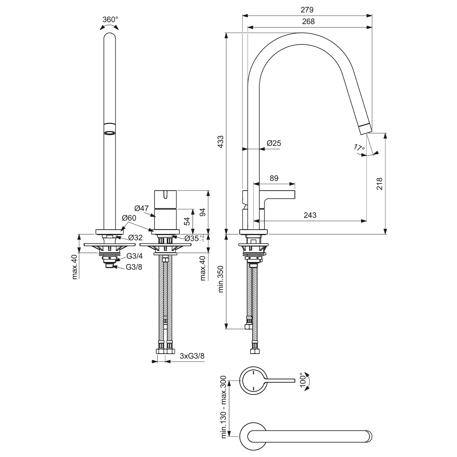 Rysunek techniczny baterii kuchennej z wymiarami, Ideal Standard