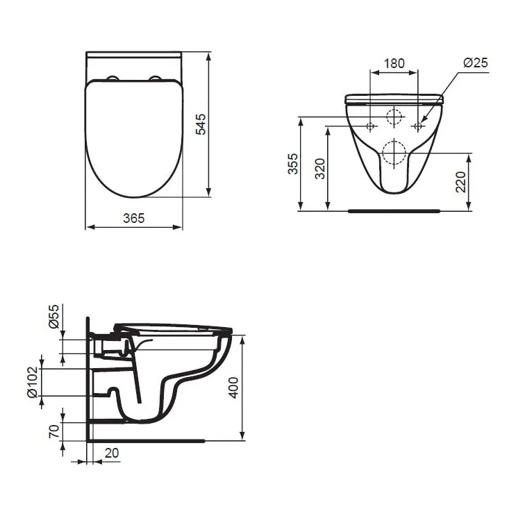Rysunek techniczny zestawu WC z wymiarami, Ideal Standard