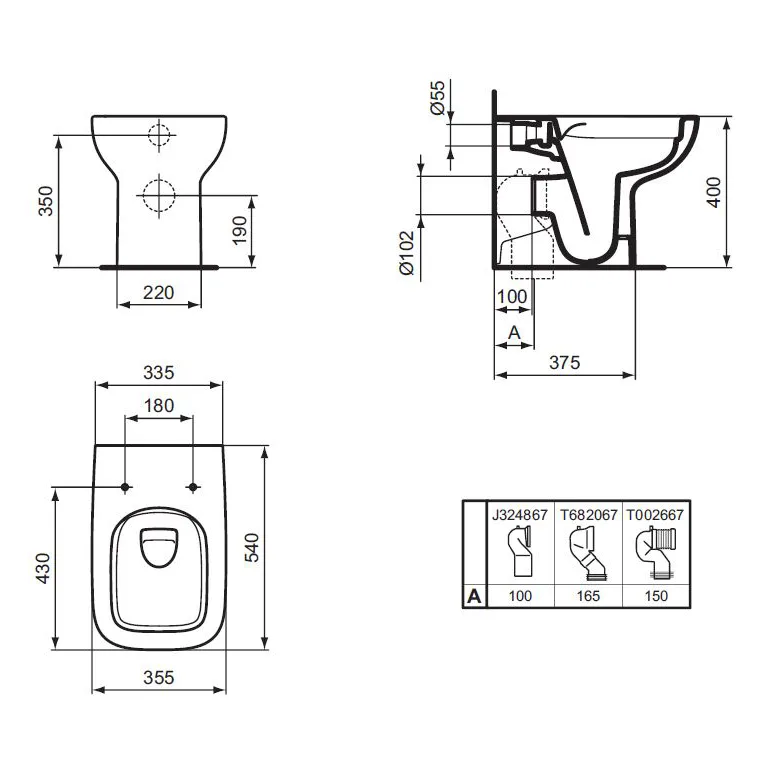 Rysunek techniczny toalety z wymiarami, Ideal Standard