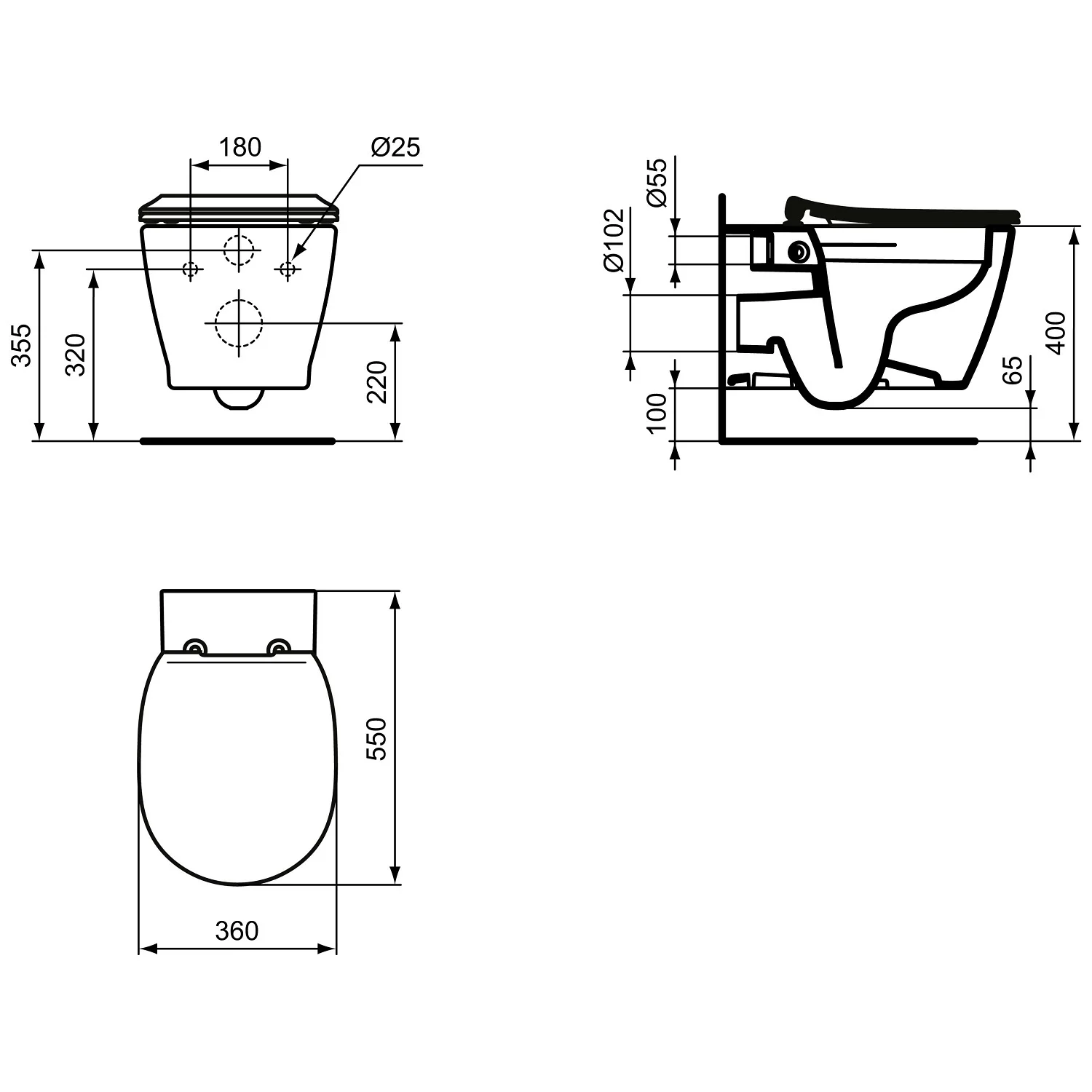 Rysunek techniczny toalety z wymiarami, Ideal Standard