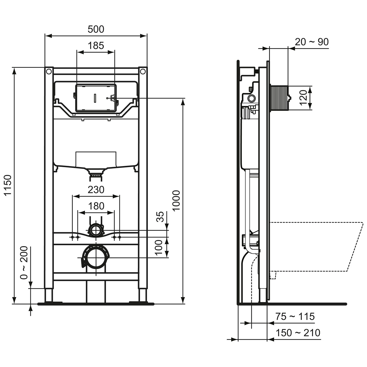 Rysunek techniczny elementu przedściennego z wymiarami, Ideal Standard