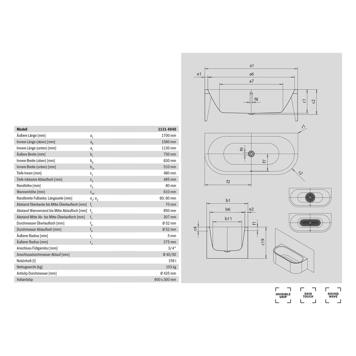 Kaldewei MEISTERSTÜCK CENTRO DUO 2 Mod. 1131-4040 Badewanne 170 x 75 cm, mit Invisible Grip Bild 4