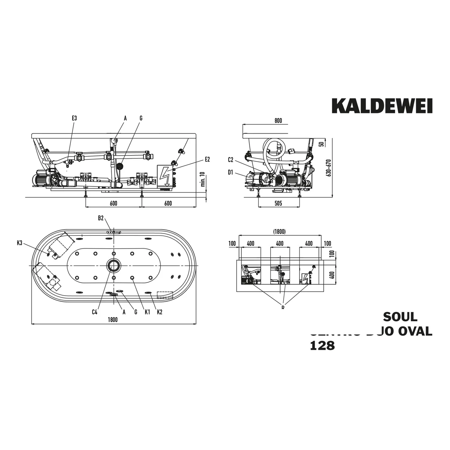 Rysunek techniczny wanny z hydromasażem Kaldewei, Kaldewei