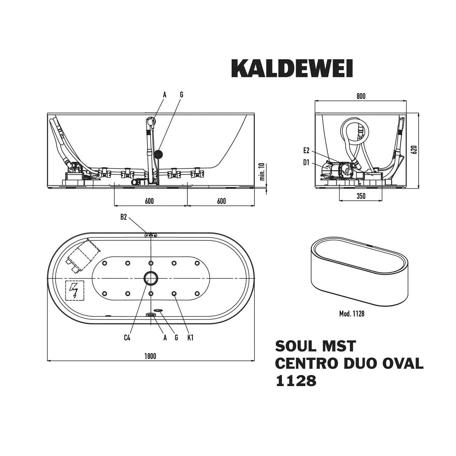 Rysunek techniczny owalnej wanny Kaldewei, Kaldewei