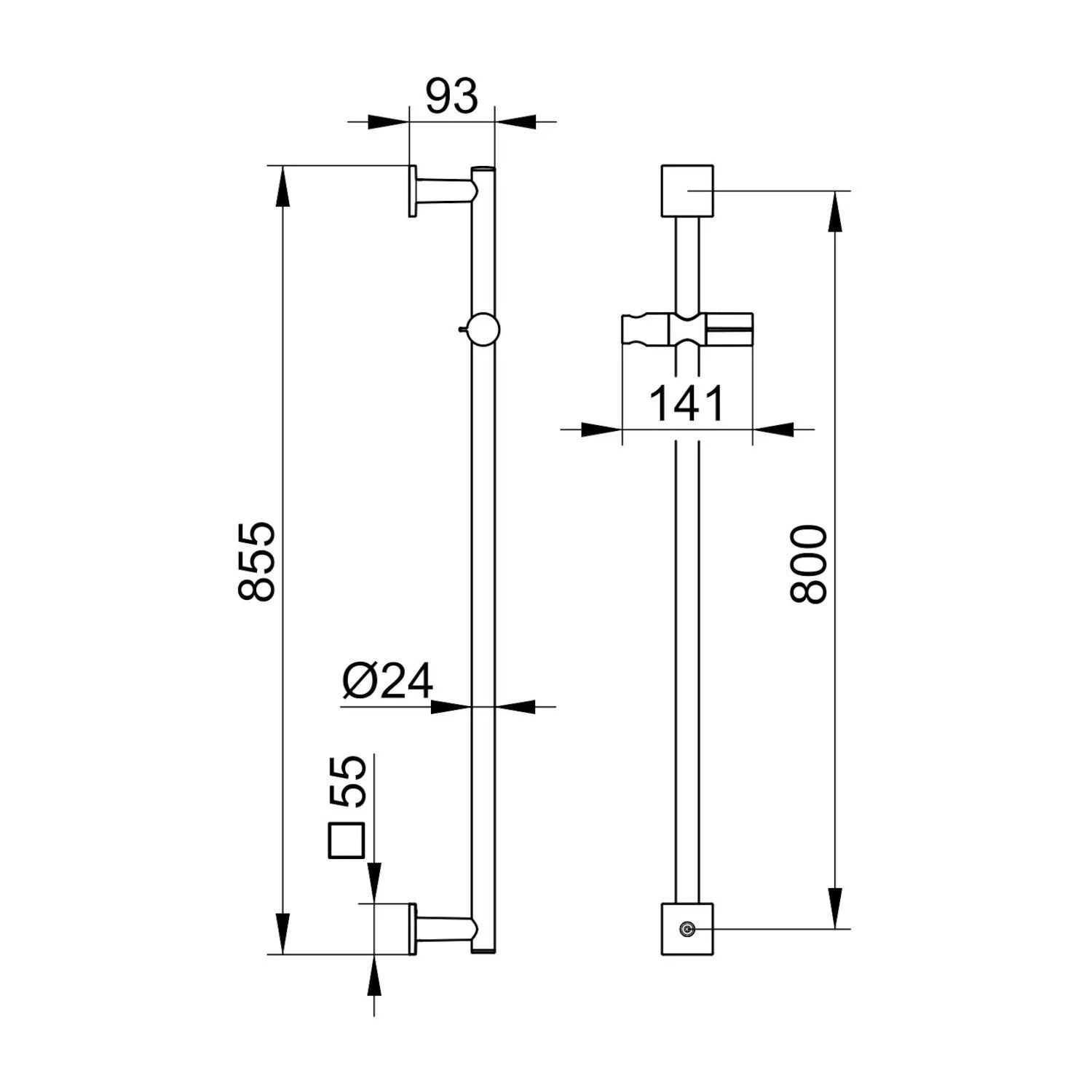 Rysunek techniczny drążka prysznicowego z wymiarami, Keuco
