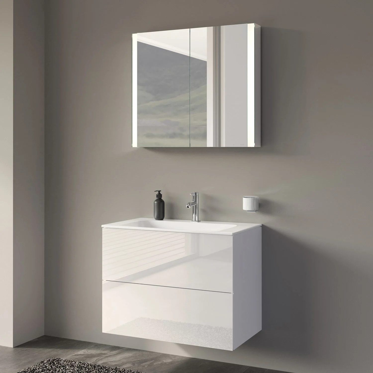 Keuco Apollo Keramik-Waschtisch mit Waschtischunterschrank und LED-Spiegelschrank 80 cm, 2 Auszüge