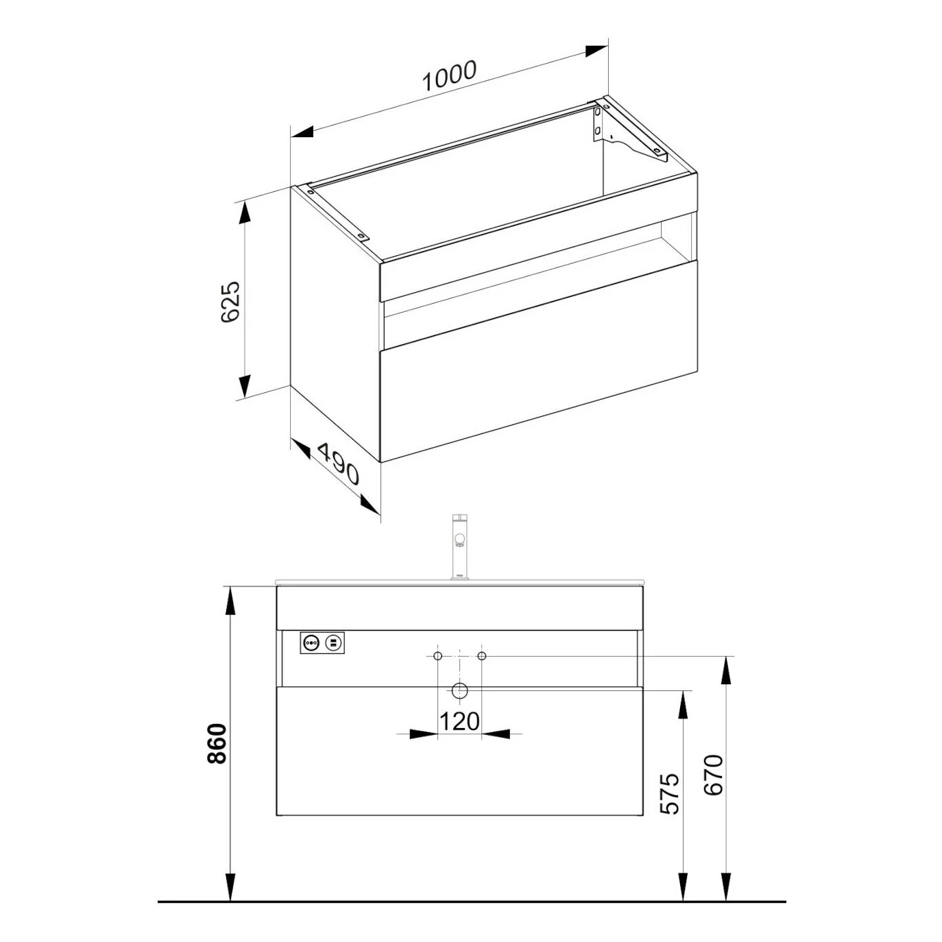 Rysunek techniczny szafki umywalkowej 100 cm, Keuco