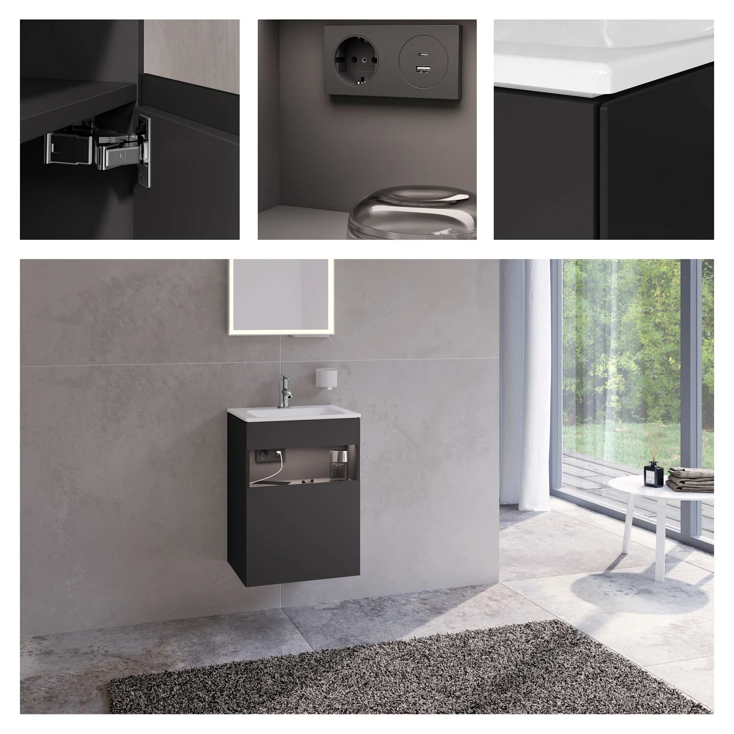 Łazienka z czarną umywalką i lustrem, Keuco
