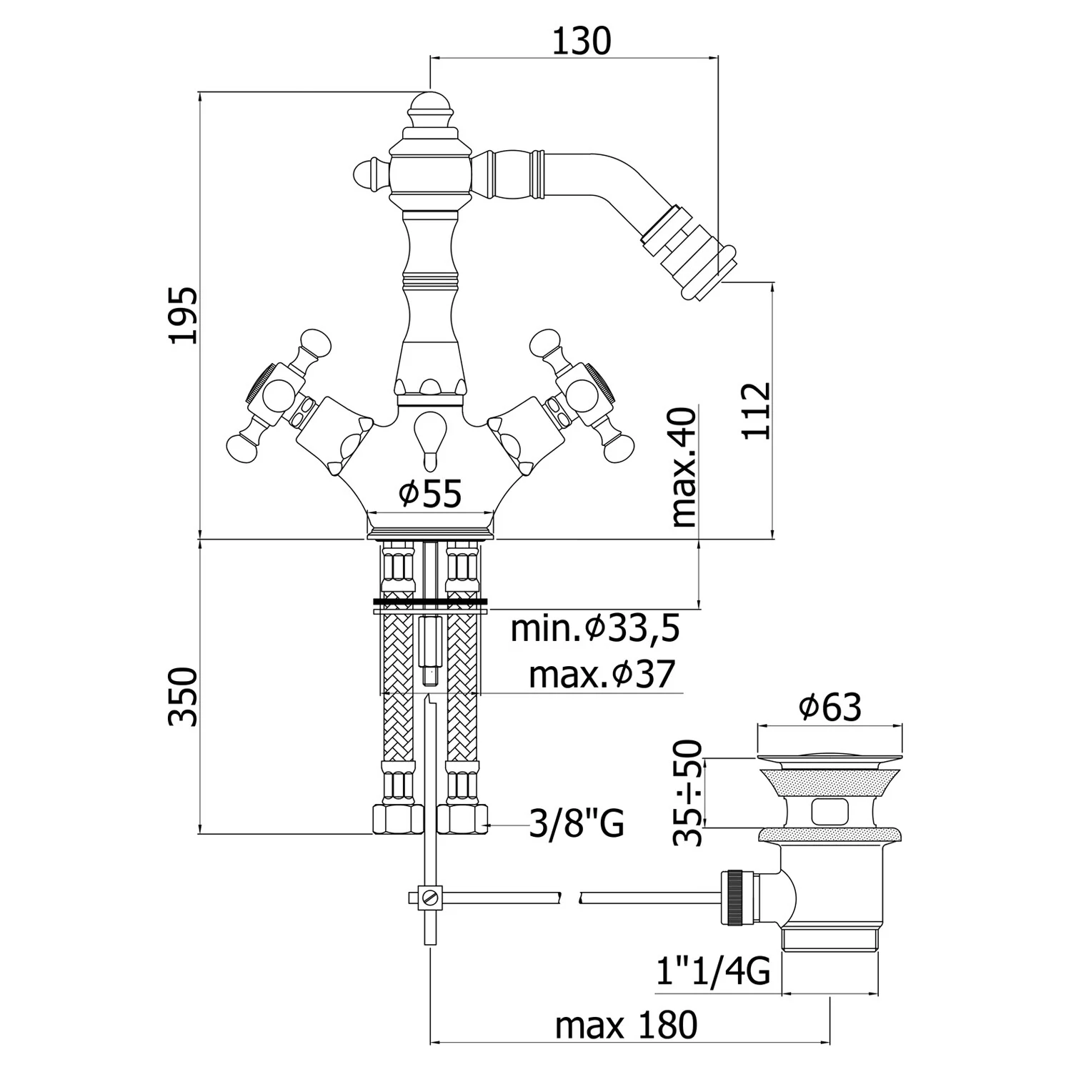 Kronenbach IOTA 2.0 Zweigriff-Bidetarmatur mit Ablaufgarnitur Bild 3