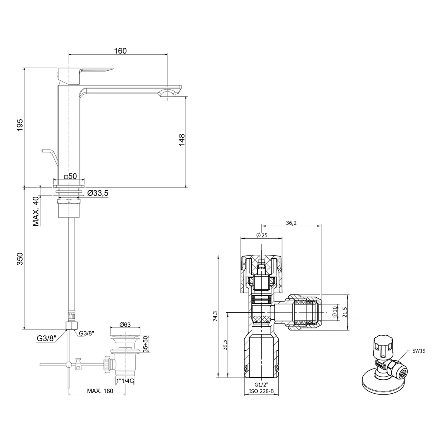 Rysunek techniczny baterii z wymiarami, Kronenbach
