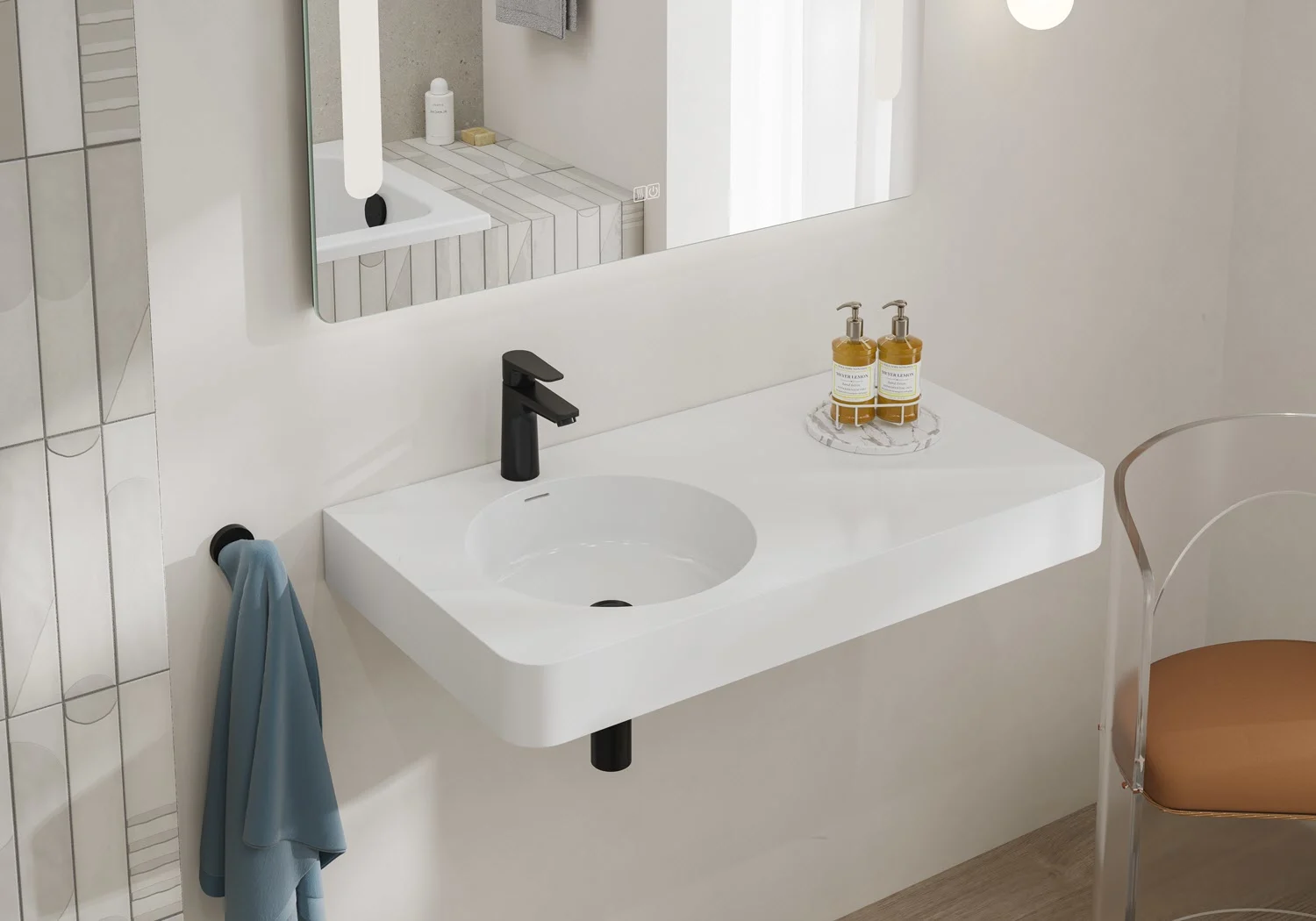 Umywalka z czarną baterią w łazience, Kronenbach