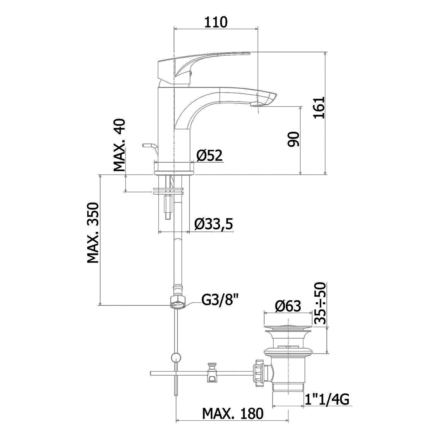 Kronenbach Rivara Waschtisch-Einhebelmischer mit Zugstangen-Ablaufgarnitur 1 1/4, wassersparend Bild 5