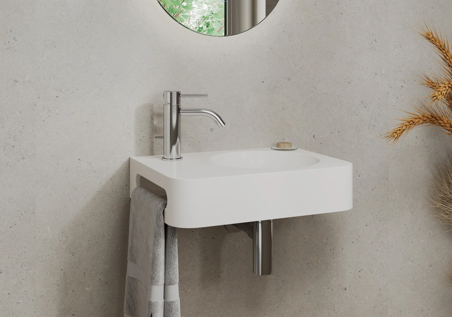 Kronenbach Stone Handwaschbecken 45 x 33 cm Becken rechts mit Hahnlochbohrung, mit Handtuchhalterung Bild 7