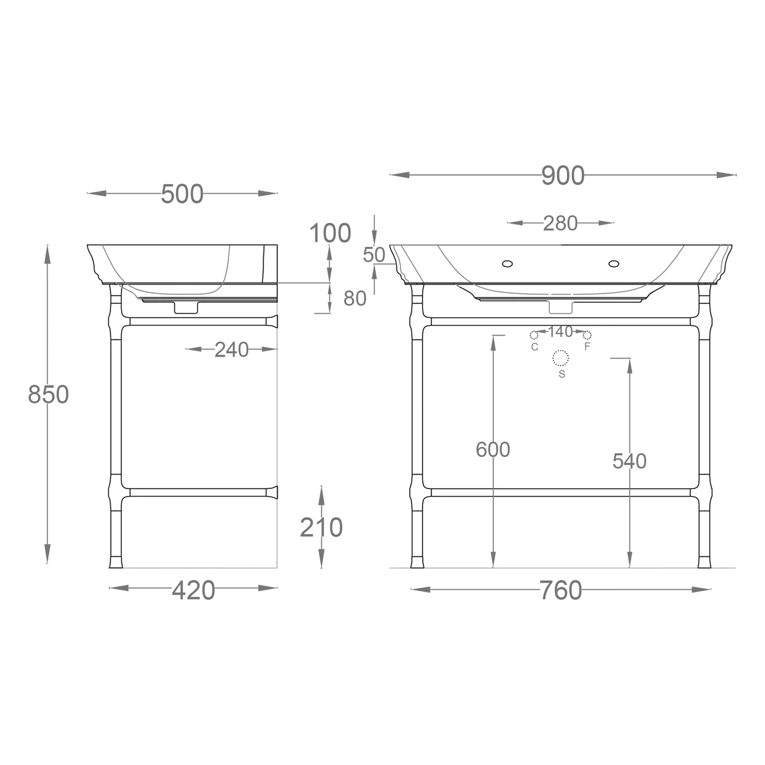 Kronenbach Zeta 2.0 Unterbaugestell eckig mit Glasablage für Waschtisch 90 cm Bild 2