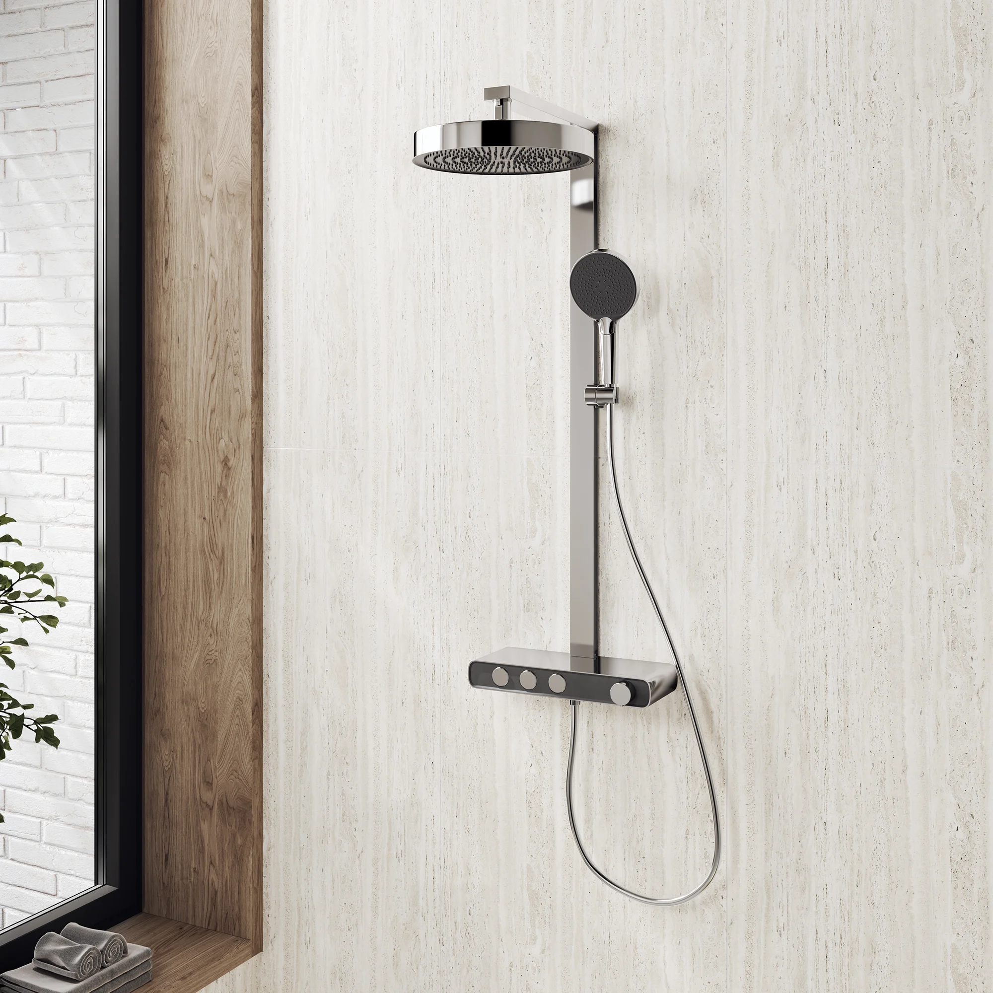 Srebrny system prysznicowy zainstalowany w łazience, Kronenbach
