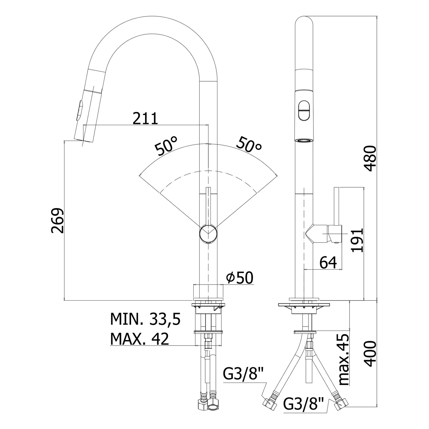 Kronenbach AQA Design 2.0 Küchenarmatur mit hohem schwenkbarem Auslauf, herausziehbare Handbrause mit 2 Strahlarten Bild 2