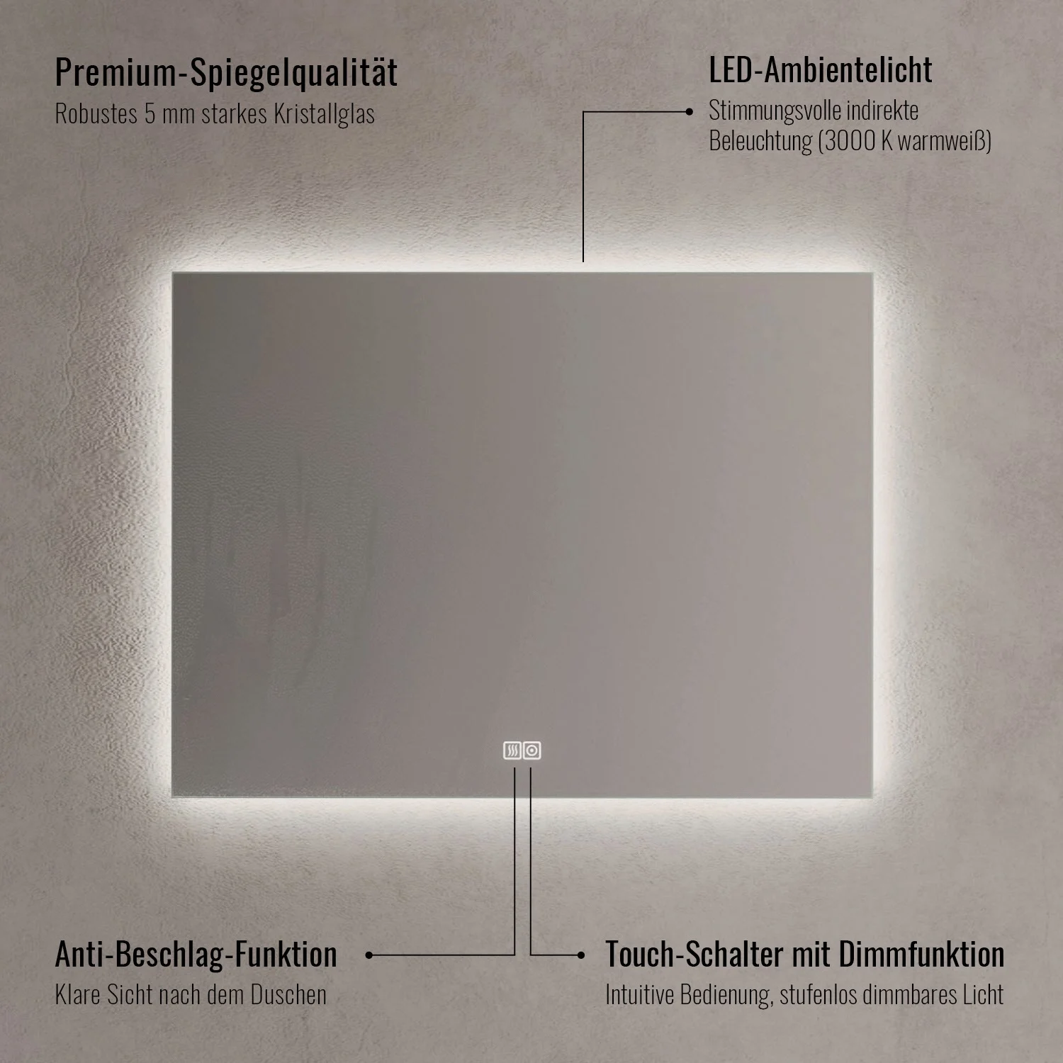 Kronenbach Nacht Badspiegel 80 x 80 cm mit LED-Beleuchtung und Dimmfunktion Bild 4