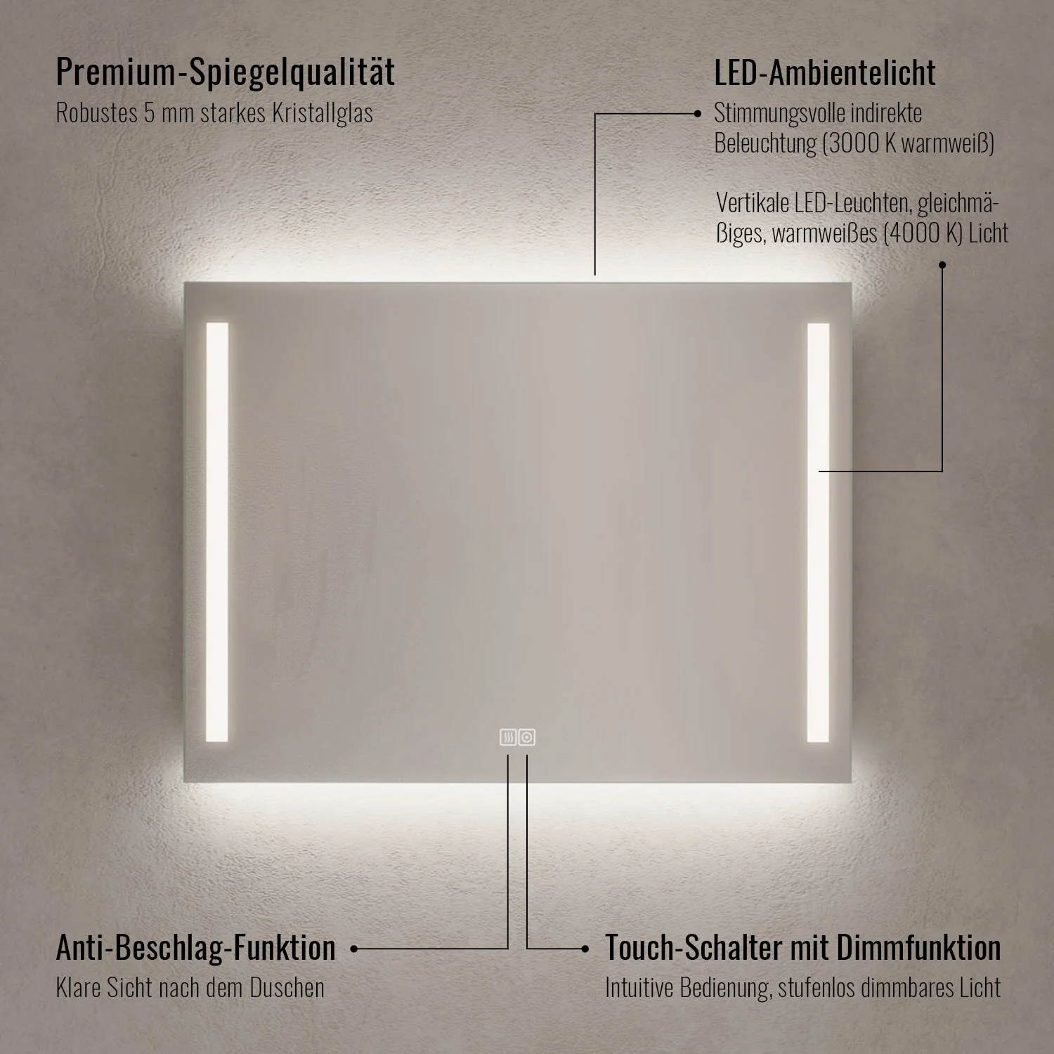 Kronenbach Sun Badspiegel 100 x 70 cm mit LED Seiten- und Hintergrundbeleuchtung Bild 4