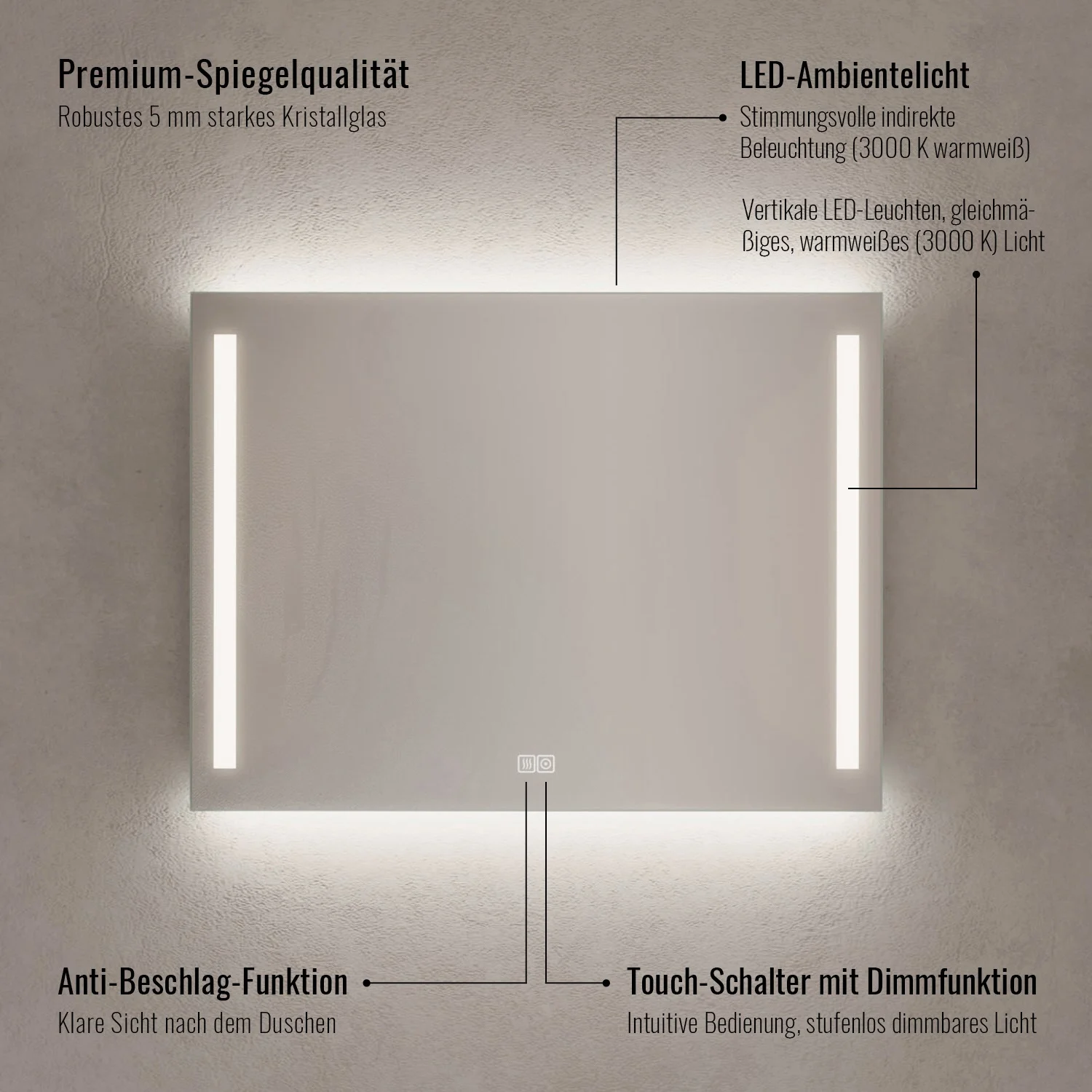 Kronenbach Sun Badspiegel 120 x 80 cm mit LED Seiten- und Hintergrundbeleuchtung Bild 4