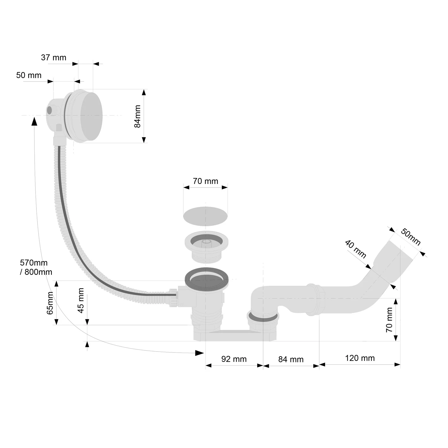 Kronenbach Krontec Multi Wannen Ab-, Ein- und Überlaufgarnitur, Sonderlänge 80 cm Bild 2