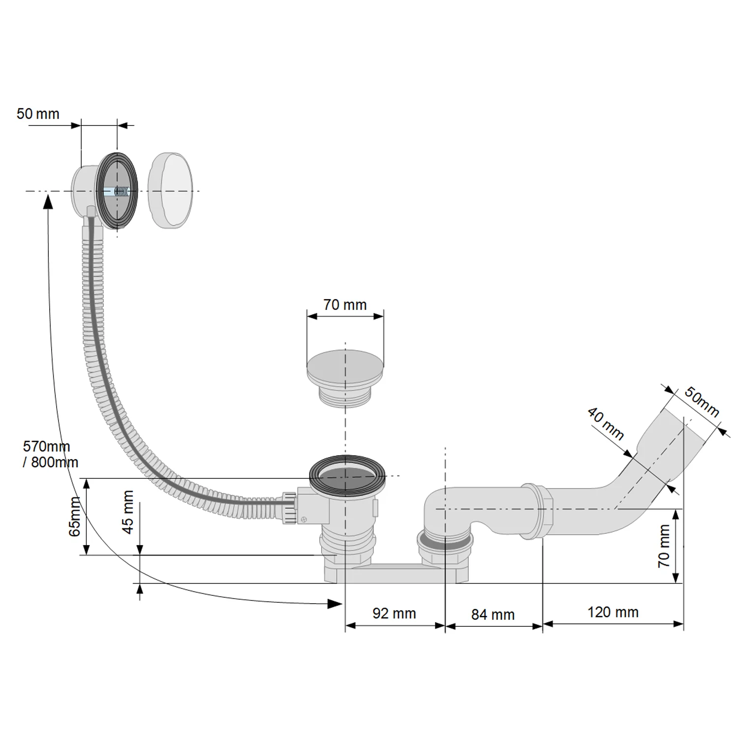Kronenbach Krontec Universal Wannen Ab- und Überlaufgarnitur, Normallänge 57 cm Bild 3