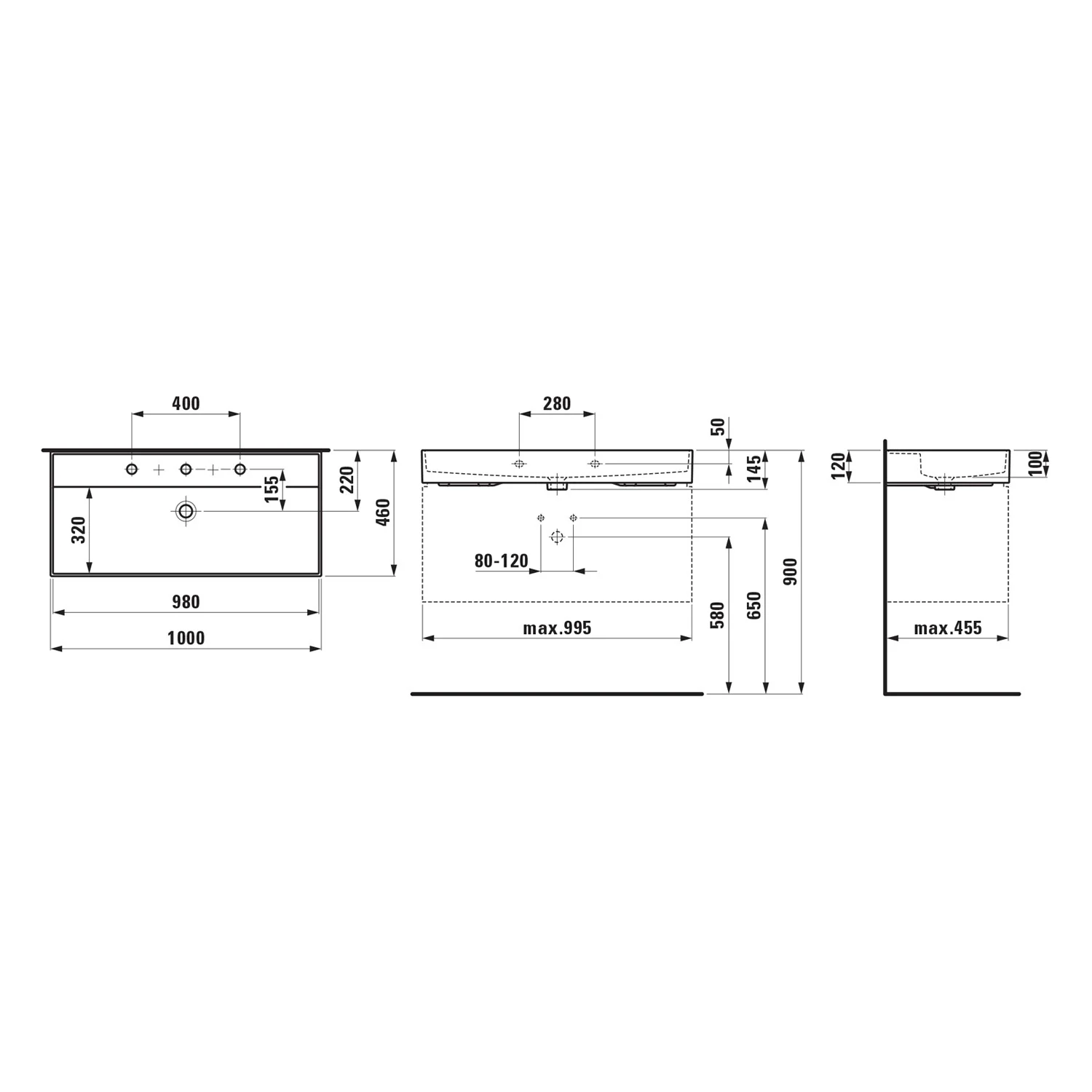 LAUFEN Kartell Waschtisch 100 x 46 cm, mit 1 Hahnloch, mit Überlauf Bild 5