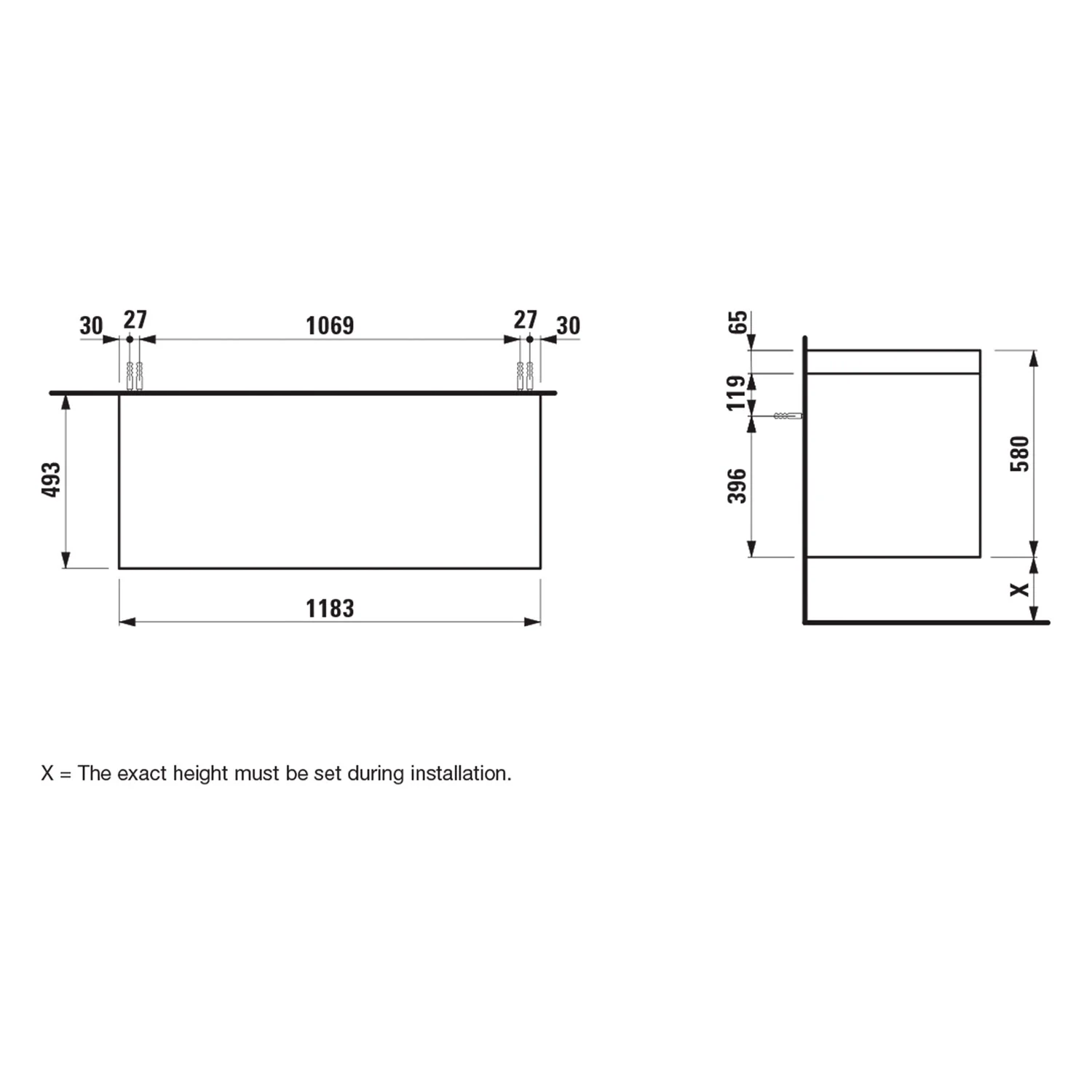 Rysunek techniczny umywalki z wymiarami, Laufen