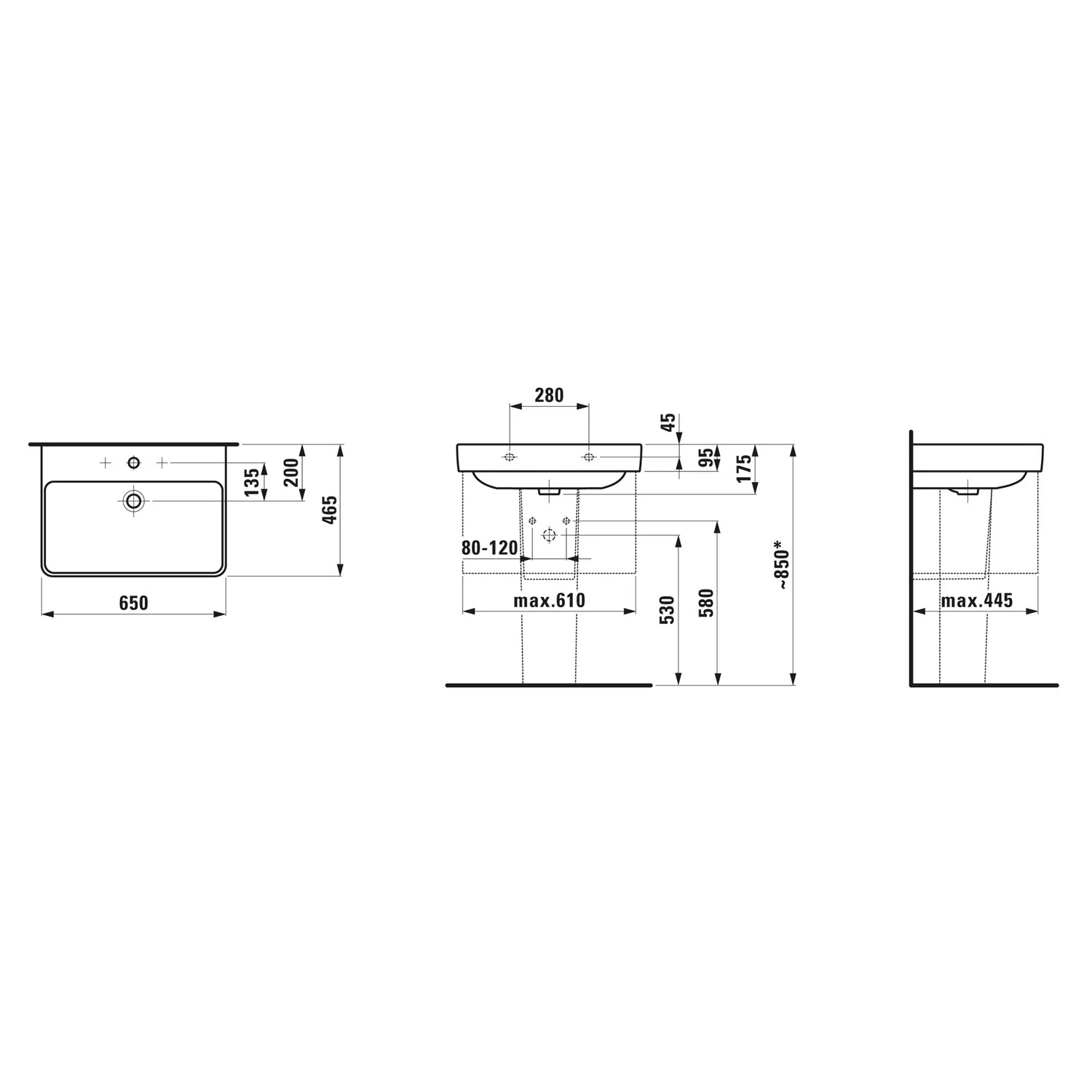 LAUFEN PRO S Waschtisch 65 cm, mit 3 Hahnlöchern, mit Überlauf Bild 2
