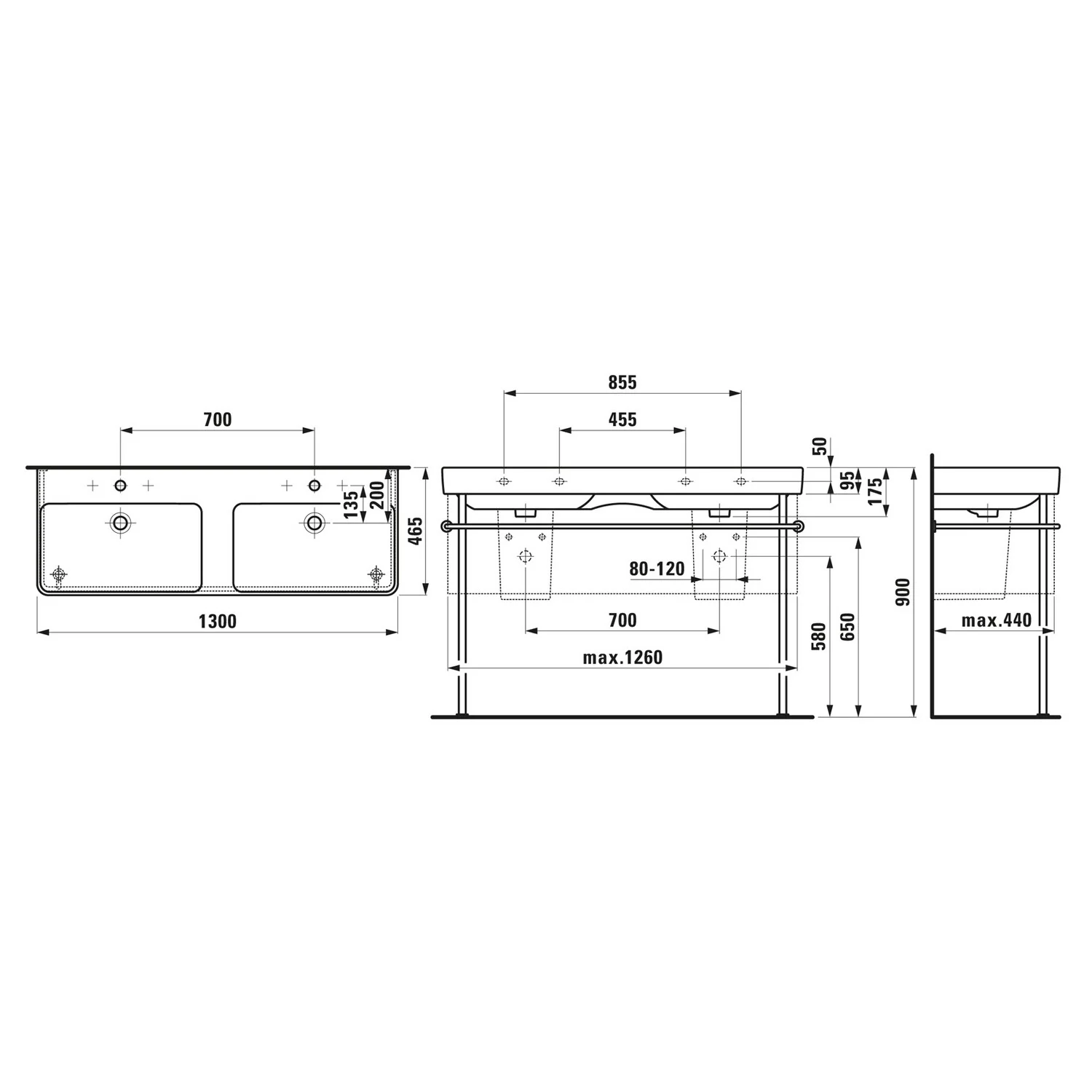 LAUFEN PRO S Doppelwaschtisch 130 cm, mit 2 Hahnlöchern, mit 2 Überläufen Bild 5