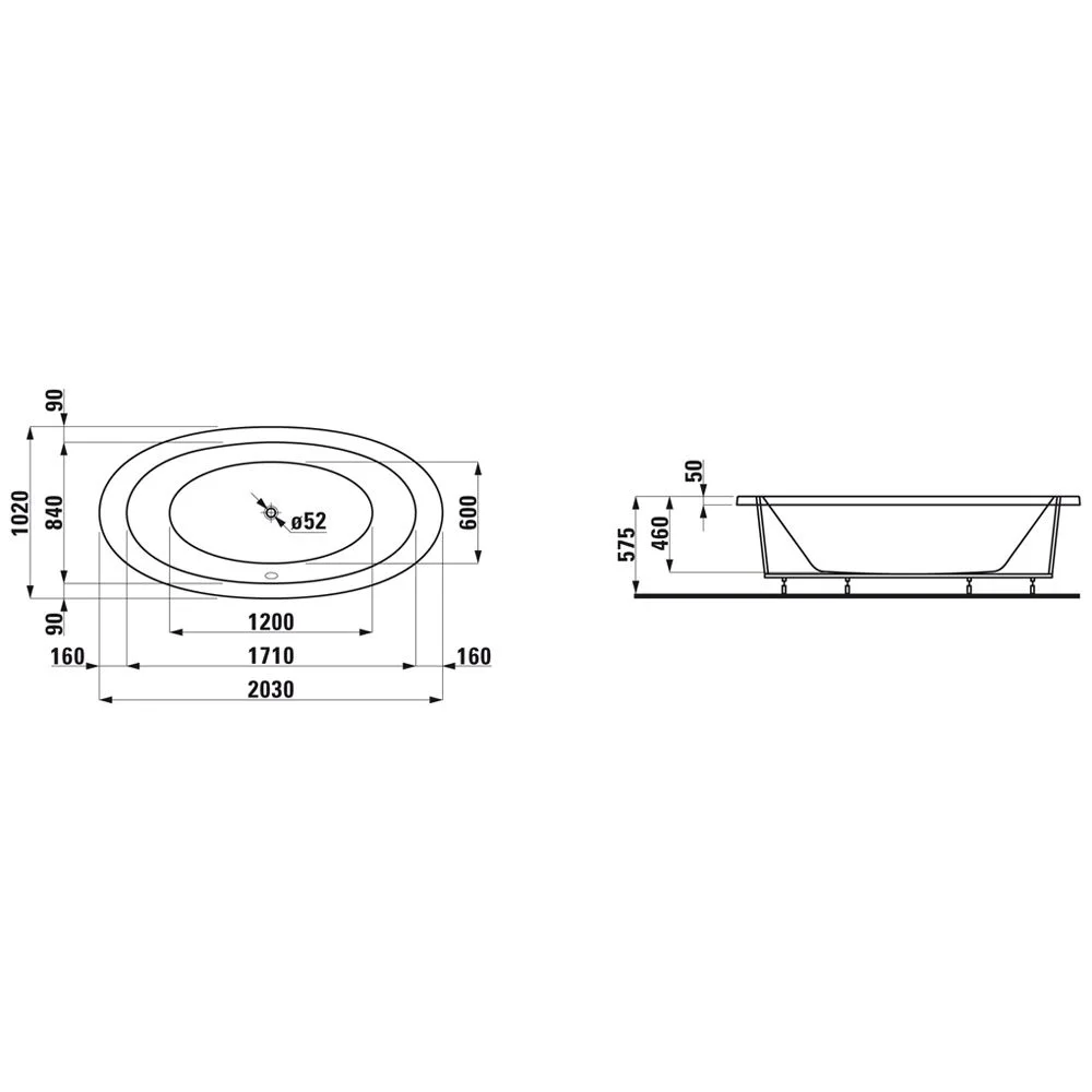 Rysunek techniczny wanny z wymiarami, Laufen