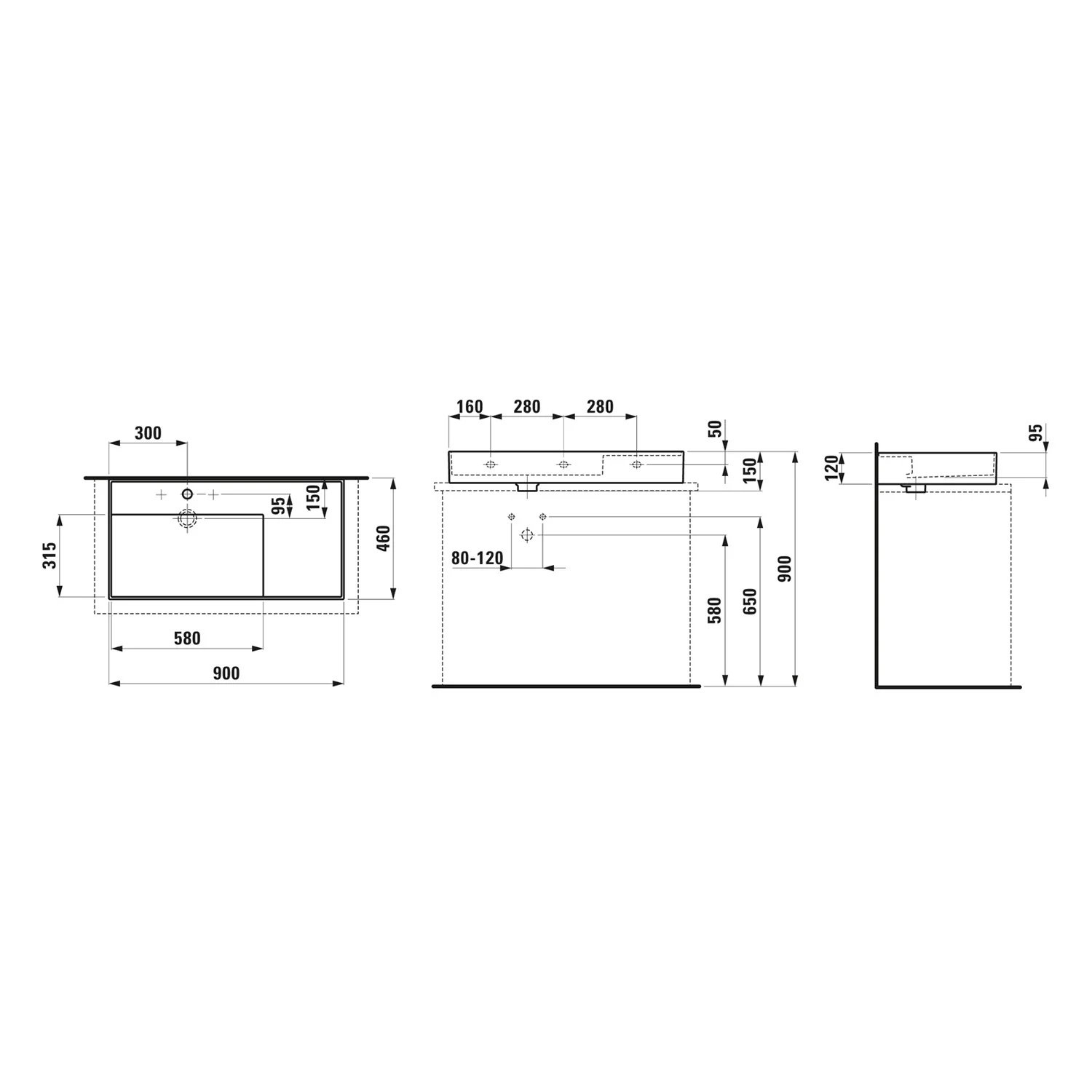 Rysunek techniczny umywalki nablatowej 90 cm, Laufen