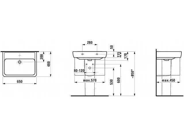 Rysunek techniczny umywalki 65 cm, Laufen