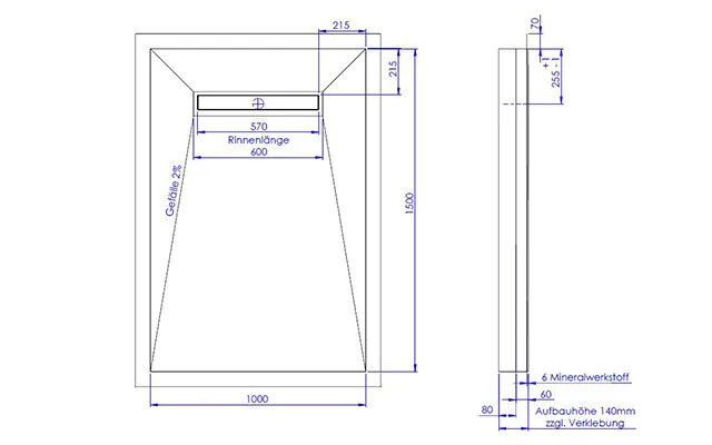 Schedel Plan Plus Mineral-Duschelement bodeneben 100 x 150 cm mit Rinne, Gefälle vierseitig Bild 2