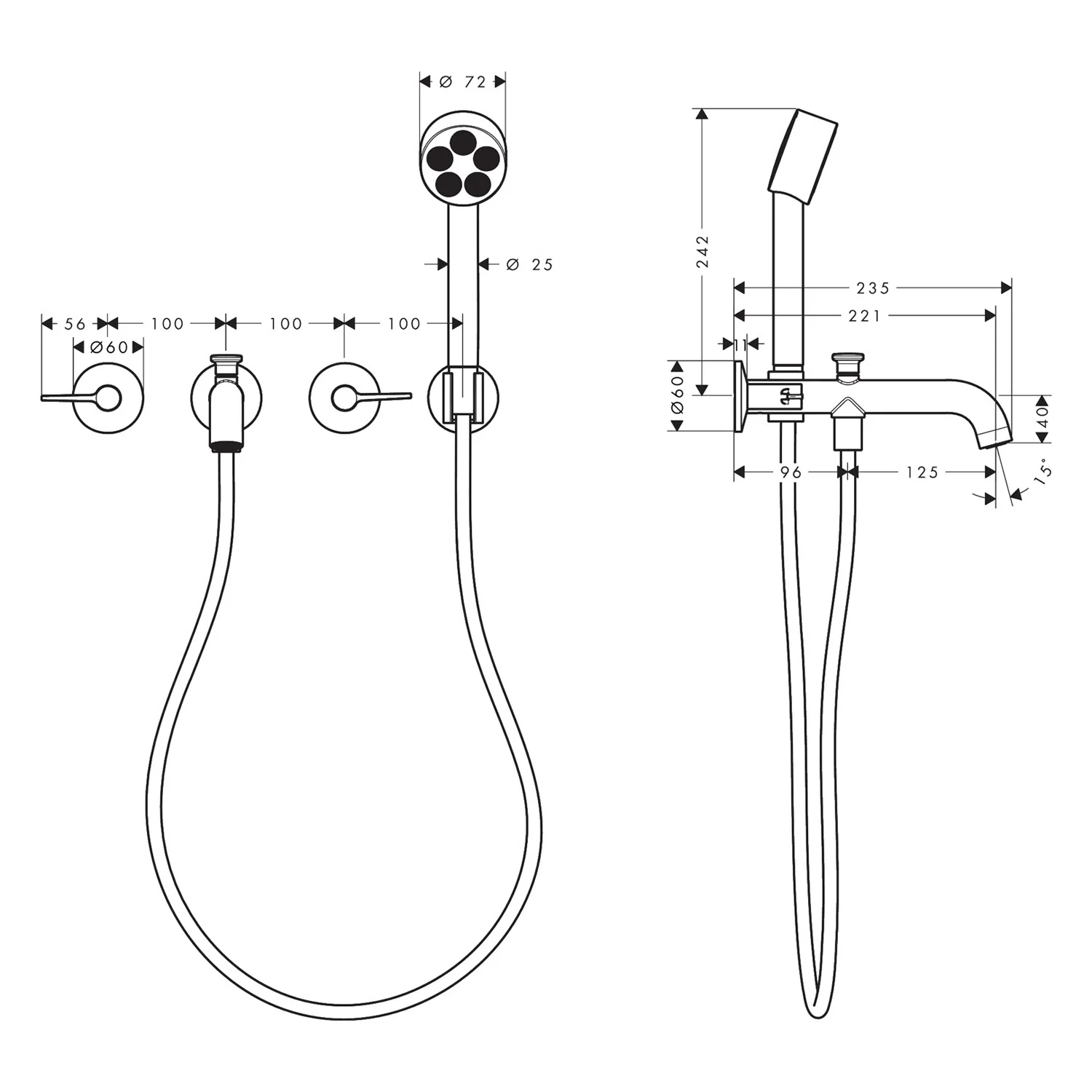 AXOR One 3-Loch Wannenarmatur UP für Wandmontage mit Hebelgriffen und Handbrause Bild 2