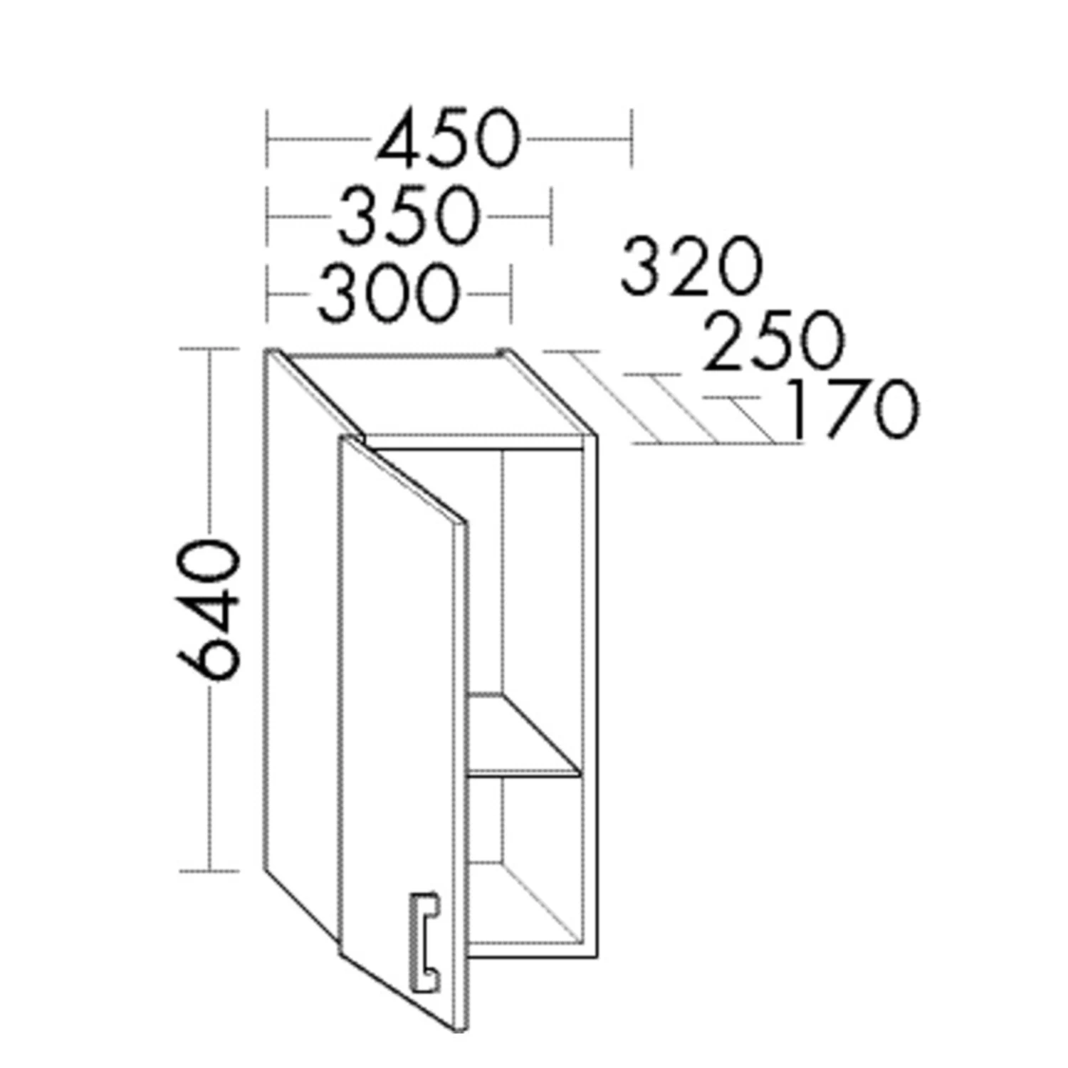 Rysunek techniczny szafki wiszącej z wymiarami, Burgbad