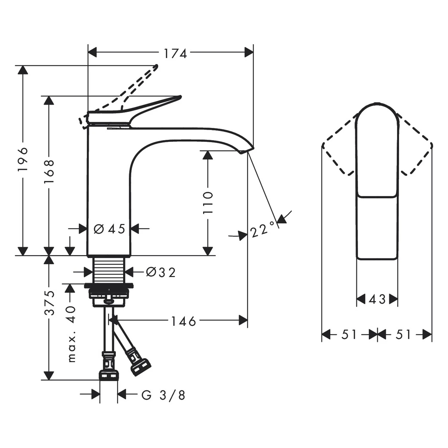 Rysunek techniczny baterii umywalkowej z wymiarami, hansgrohe
