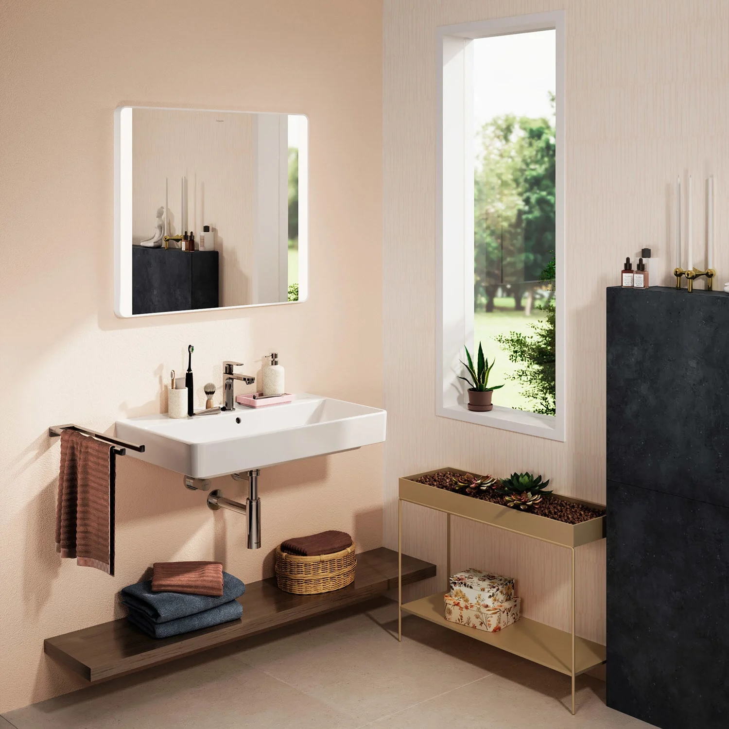 Łazienka z lustrem i umywalką, hansgrohe