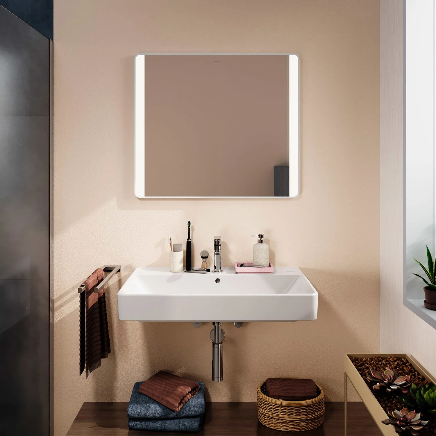 Łazienka z podświetlanym prostokątnym lustrem, hansgrohe